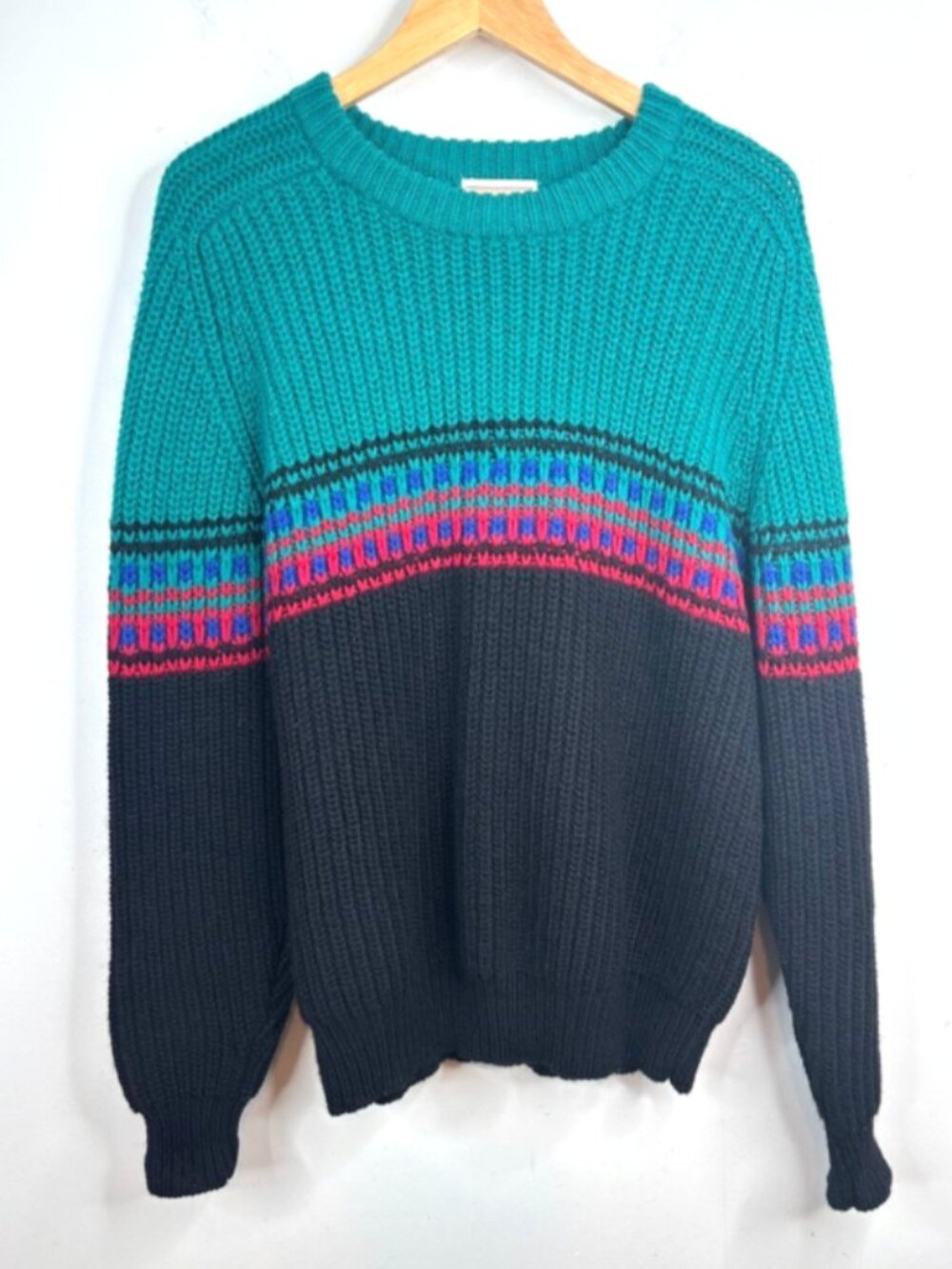 Vintage Gap 100% Wool Sweater Mens L Colorblock Fair Isle Chunky Knit 80s 90s